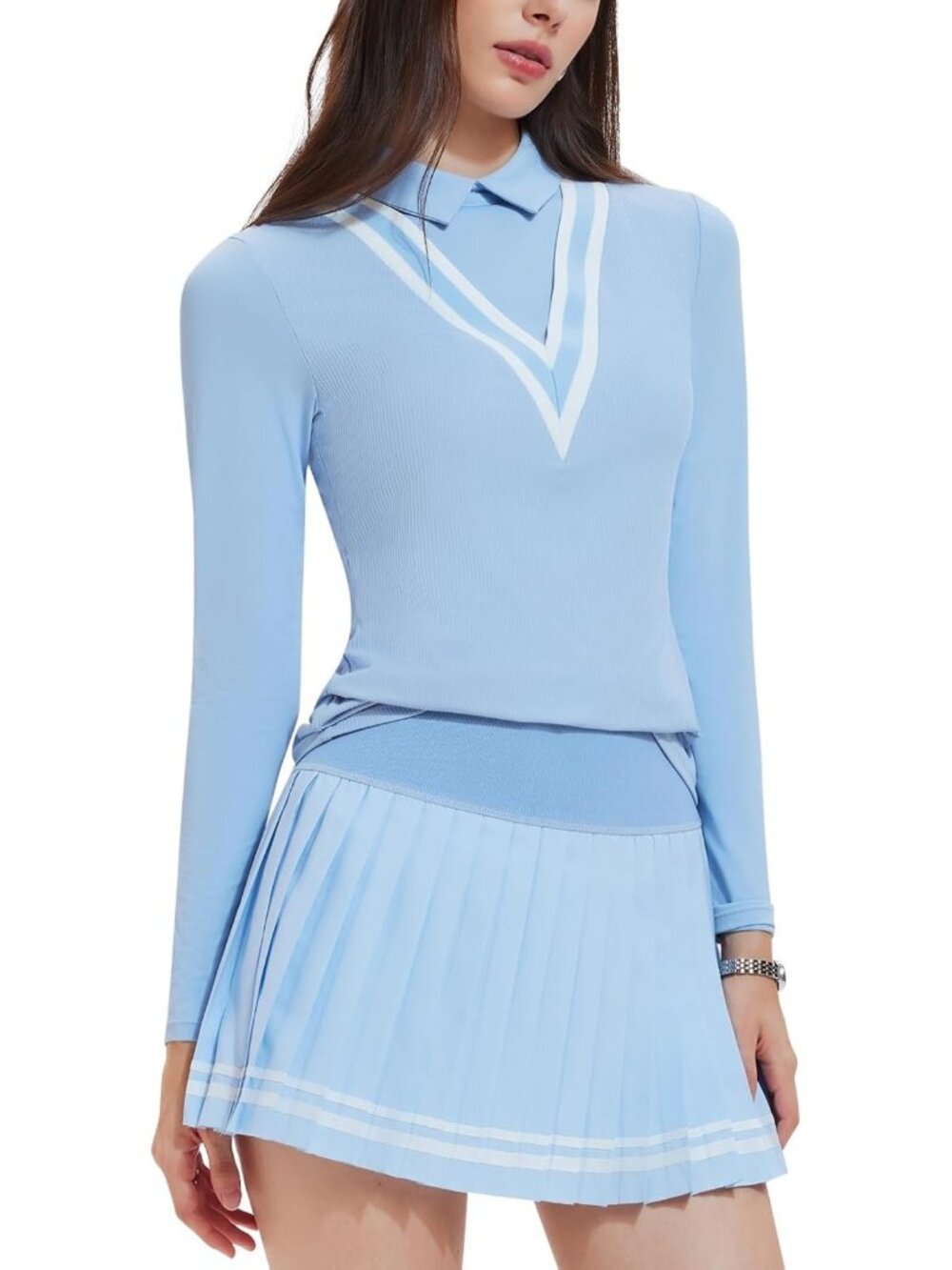 Women's 2 Piece Tennis Skirt Set - Long Sleeve Polo & Pleated Skorts for Fall